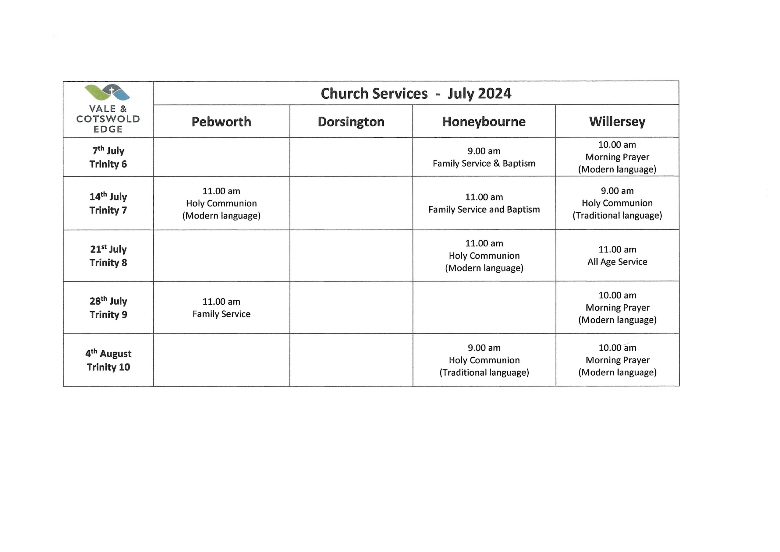 Pebworth July Services. 2nd and 4th Sun at 11.00