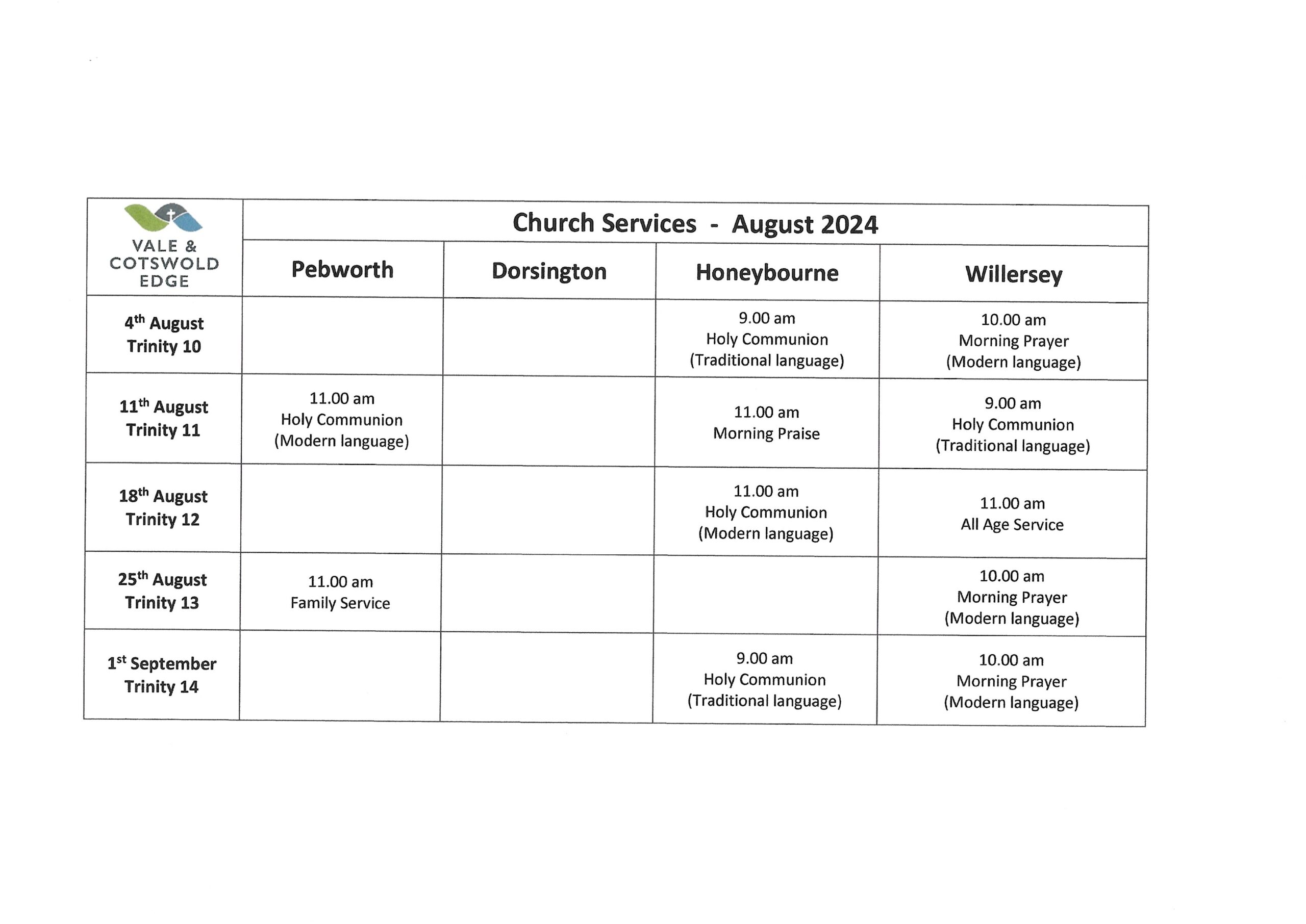 Pebworth August Services. 2nd and 4th Sun at 11.00